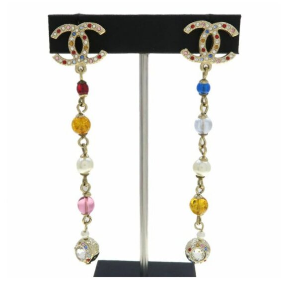 CHANEL CC Logos Multicolor Rhinestone Drop Stud Earrings Gold Tone - Picture 2 of 10